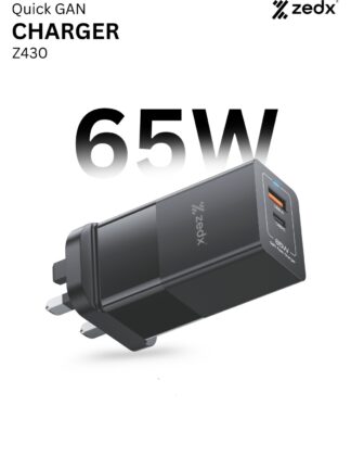 ZedX Z430 65W GaN Fast Charger – Dual Port USB-C & USB-A (UK Plug)