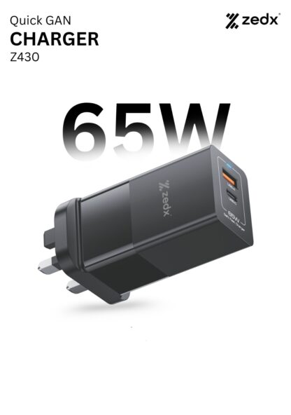 ZedX Z430 65W GaN Fast Charger – Dual Port USB-C & USB-A (UK Plug)