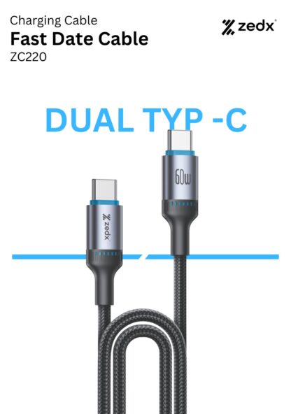 ZedX ZC220 60W USB-C to USB-C Fast Charging Cable – 2M, Braided, Data & Charge