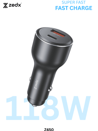 ZedX Z450 118W Super Fast Car Charger – Dual Port USB-C & USB-A
